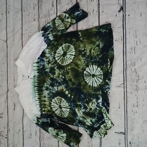 Thai Classic Designs Blue Green White Boho Tie-dye Lagenlook Tunic Top L